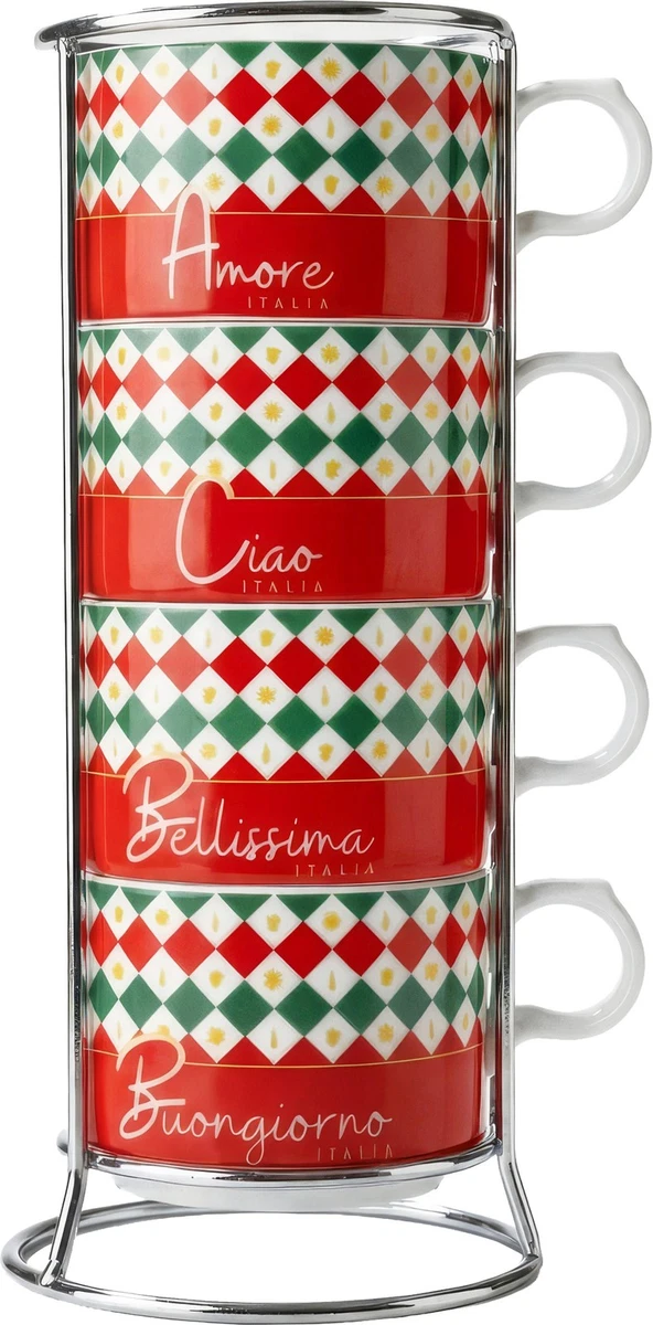 BIALETTI Cappuccino Kaffee Tassen 4'er Set mit Ständer Ciao Italia TRICOL04