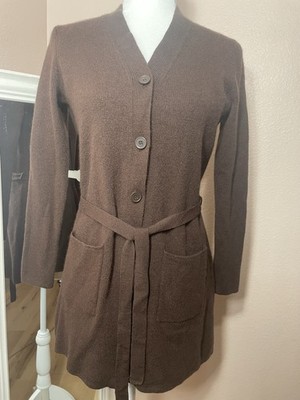 A Giannetti 100% Merino Wool Brown Belted Cardigan Sweater Button Front 1X