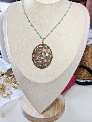Adina Eden Sparkling Turquoise Pendant Brown Micro-pave CZ 30 Inch Necklace