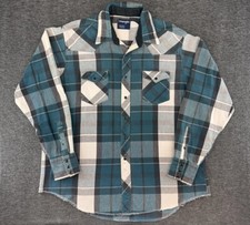 Wrangler Pearl Snap Shirt Mens XL Vintage X LONG TAILS Flannel Blue White Plaid