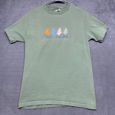 Y2K Lake Tahoe Shirt Mens Small Olive Green Graphic Heavy Cotton Embroidered