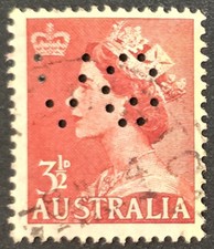 Australia - 1953 Scott #258/A72 3 1/2p Dark Red - VG PERFIN - Stamp