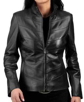 Top Neue Damen Schwarze Leder Stehkragenjacke Weiches Lammleder Moto Bikerjacke