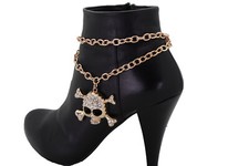 Women Gold Metal Chain Boot Bracelet Shoe Anklet Skeleton Skull Charm Motorcycle