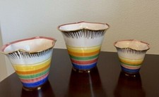 Set of 3 Italian Nesting Ceramic Rainbow Hand Painted Vases Gold Edges Fluted
