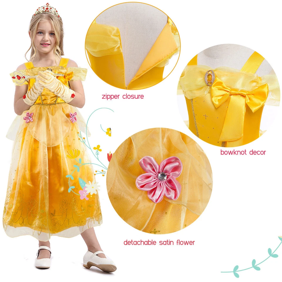 Kids Girls Belle Princess Fancy Dress Up Birthday Party Cosplay Dresses Costume - Image 2 of 4