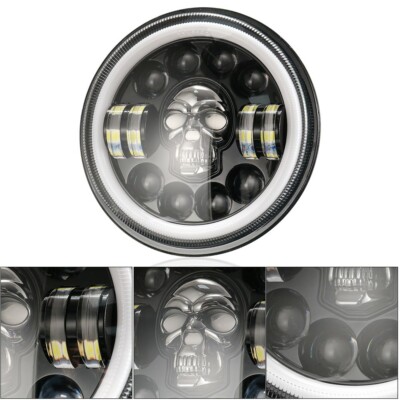Universal Cafe Racer 7'' LED Skull Front Headlight Hi/Lo Beam Headlamp Cruiser