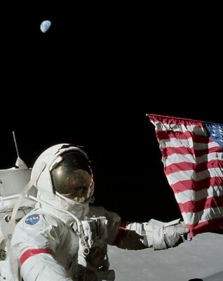 GENE CERNAN APOLLO 17 Astronaut Last Man Moon w Flag Photo Picture 6'' x 8''