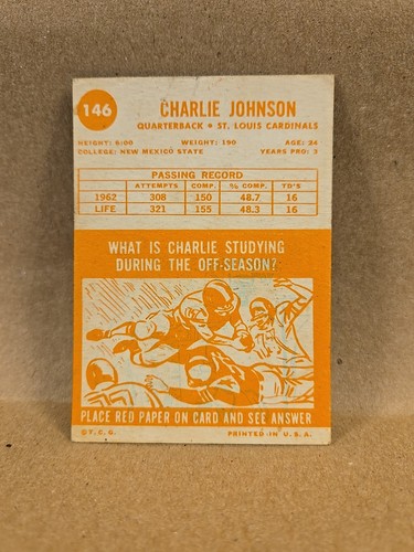 1963 Topps Football #146 Charlie Johnson Quarterback St Louis Cardinals VG-EX - Picture 2 of 4