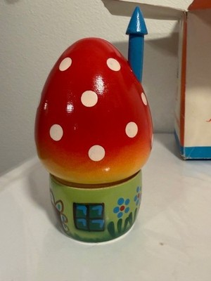 Vtg Polish Mini Wood Mushroom House W/ 9 Gnomes & 2 Balls Bowling Game