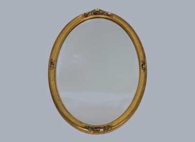 Oval wall hanging mirror gold color with polychrome small flowers wood Deknudt B