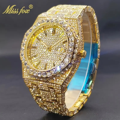 Luxury Hip Hop Ice out Men's Watch Iced King Bling Waterproof Cz Diamond Gold