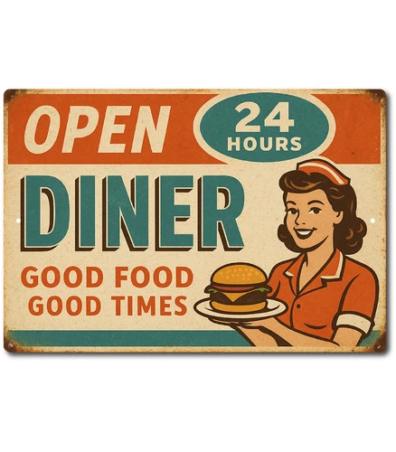 Retro 12x8 Diner Tin Sign Vintage Look Open 24 Hours Good Food Times Wall Decor