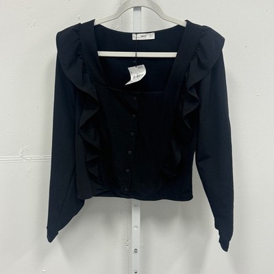 NWT Mango MNG Black Ruffle Square Neck Button Front Blouse Camiseta Small