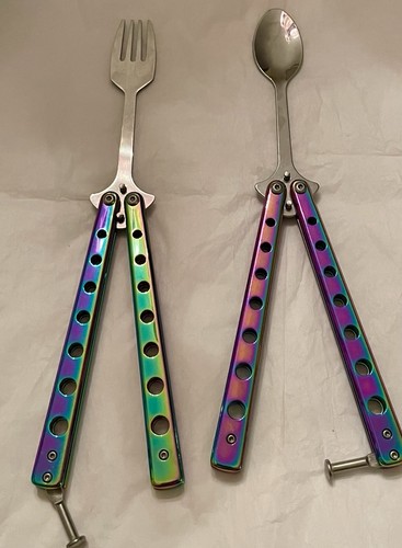 Butterfly Fork & Spoon Set Camping Hiking Purposes Stainless Colorful Rainbow