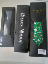 Necktie Lot of 3 1 Black Burlet/1 Black BarryWang/1Green ChristmasTie Box C