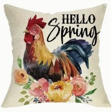 NEW HELLO SPRING ROOSTER FLORAL FARMHOUSE RUSTIC LINEN DECOR PILLOW COVER 17.7"