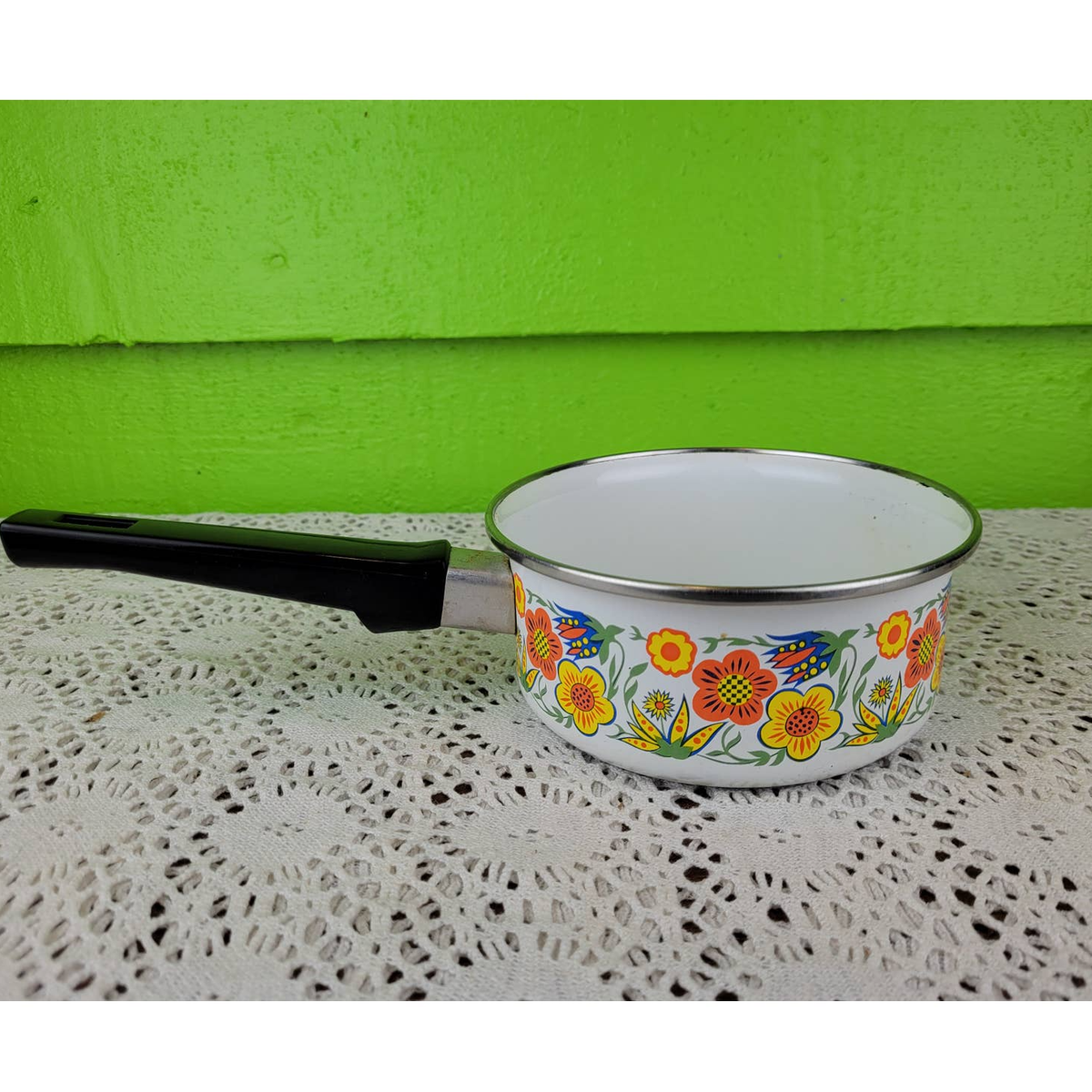 ANCIENNE ET JOLIE marmite émaillée casserole gamelle + égouttoir fleurs vintage EUR 19,99