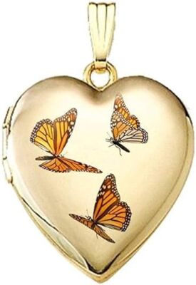14K Gelbgold Monarch Schmetterling Herz Medaillon 3/4 Zoll x 3/4 Zoll
