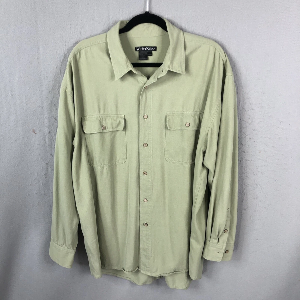Wintersilks Shirt Mens Extra Large Green Silk Blend Long Sleeve Classic Casual