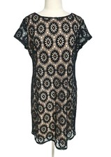 AUW Black Floral Lace Beige Shift Mini Dress Crew Neck Short Sleeve Women XL