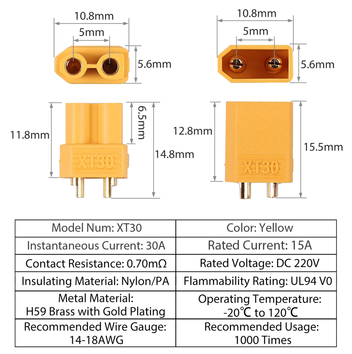 Kit Di 5 Connettori XT30 Maschio Placcati Oro - Per Batterie LiPo RC, 30A, Spina Gialla