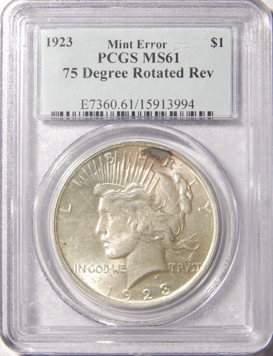 1923 P Peace Silver Dollar 75 Degree Rotated Rev PCGS MS-61 Error