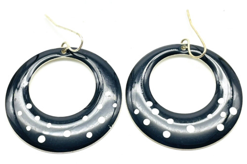 Black Enamel Hoop Earrings Pierced White Polka Do… - image 1
