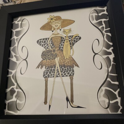 9.5x9.5 Framed Posh Lady Shopper With Her Cat, Wall DecorBy Celebrating Home
