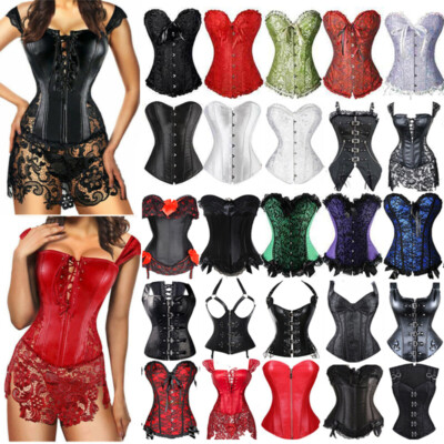 Women's Sexy Overbust Boned Corset Burlesque Basque Top Lace-Up Costume Dress UK