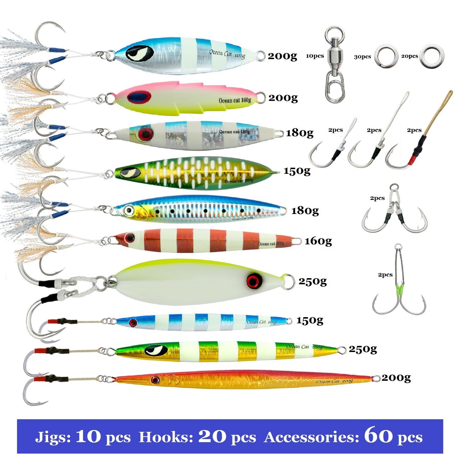 OCEAN CAT Slow Pitch Jig Combo Set Saltwater Fishing Lure Jigging Bait with  Hook