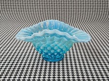 Vintage Fenton Blue Opalescent Hobnail Ruffled Glass Bowl Aqua Art Glass 8