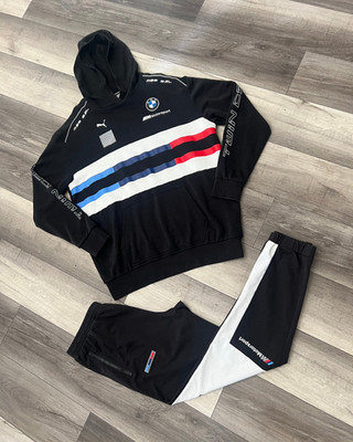 Puma BMW Motorsports Mens Tracksuit Black White Hoddie Large + Sweatpants Medium