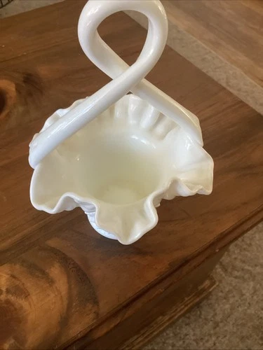 Fenton Hobnail Milk Glass Basket With Loop Handle Marked under Base.