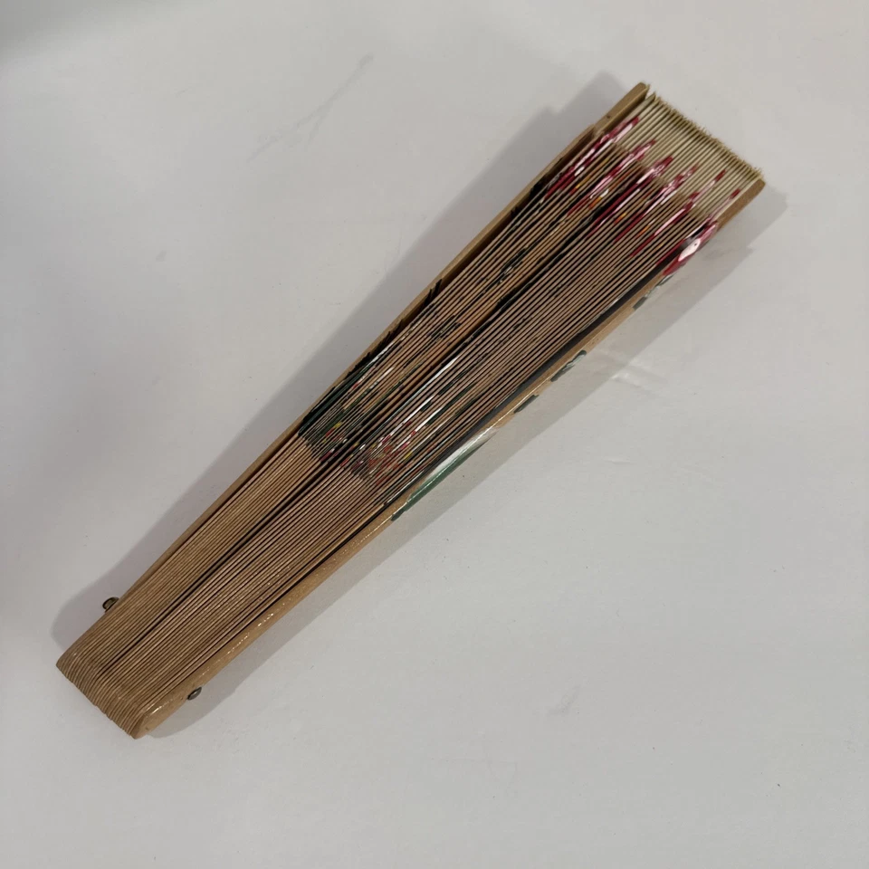 Abanico Plegable Español Vintage Tela Madera Doble Cara Pintado a Mano Floral 16"x 9"  Foto 2 de 3