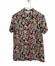 vintage Liz Claiborne button-down shirt all-over travel stamp pattern Sz M
