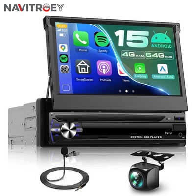 4+64G 1 DIN 7'' Car Stereo Radio Carplay Android 15 GPS Navi Flip Out Screen +CAM