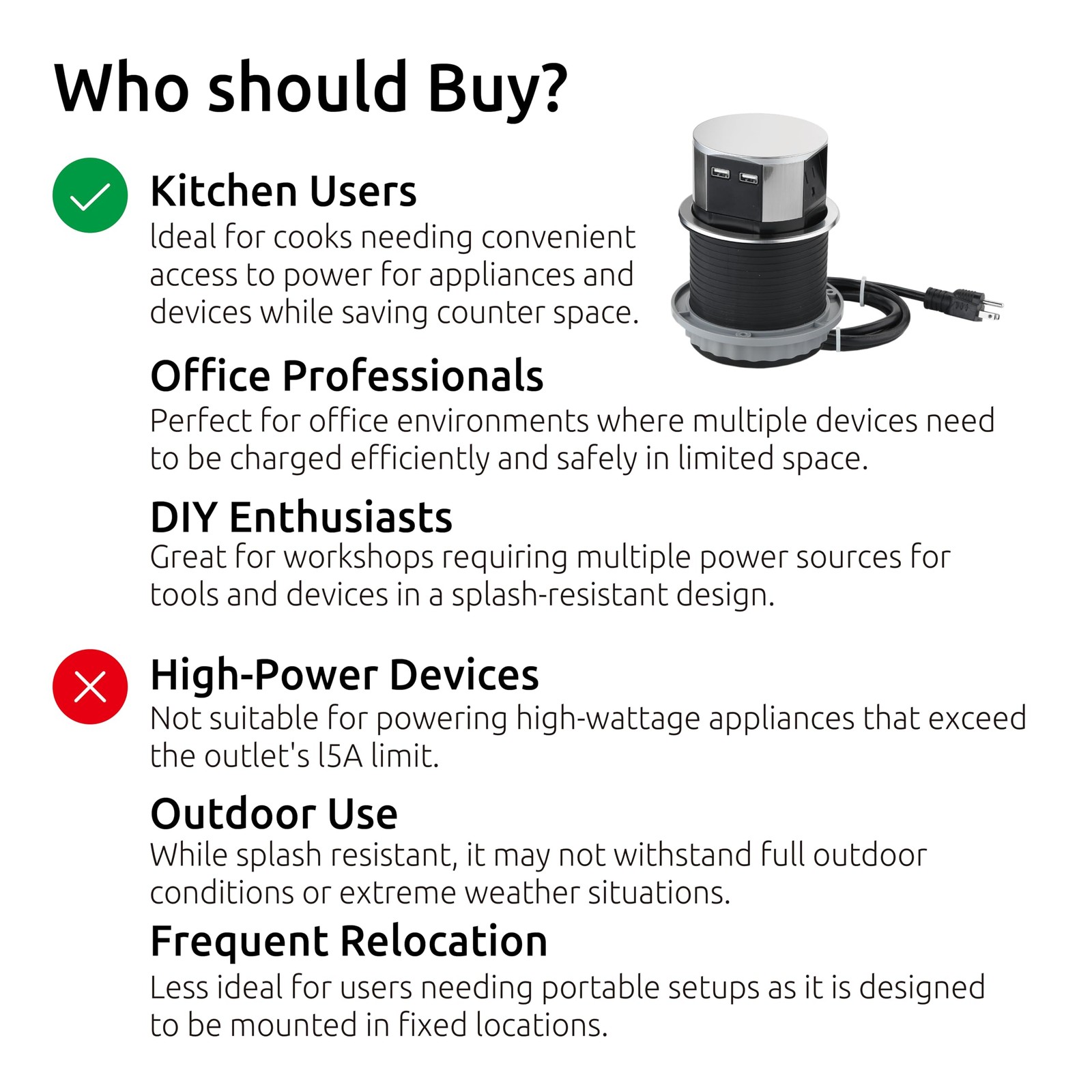 Space Saver Pop Up-Outlet, 3 Power Outlets 15 Amp, 2 USB Ports 2.4 Amp, Overl...