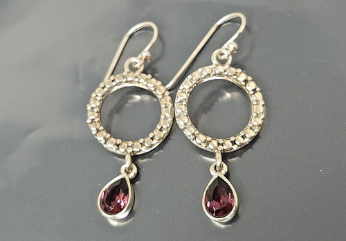 Vintage Sterling Silver Barse Garnet Dangle Pierced Earrings
