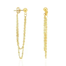 14K Yellow Gold Ball Diamond-Cut Cable Chain Push Back Drop Earrings 1.8"