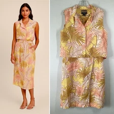 TAHARI Women Linen Skirt Set 2-Piece Faux Wrap Tropical Resort Vacation L