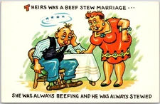 Vintage Humorous Beef Stew Marriage Cartoon Postcard by Tichnor Bros