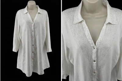 Chicos 3 Linen Blend Tunic Top 16/18 Beaded Embellished Lagenlook Coastal