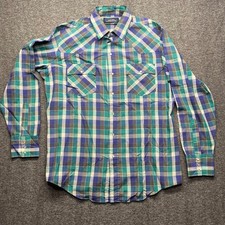 Vintage Mervyns Shirt Mens Large Teal Blue Plaid Western Pearl Snap Long Sleeve