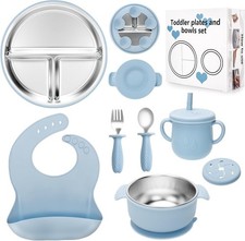 Stainless Steel Kids Plates and Bowls Set with Suction, Divided Baby Plate an...