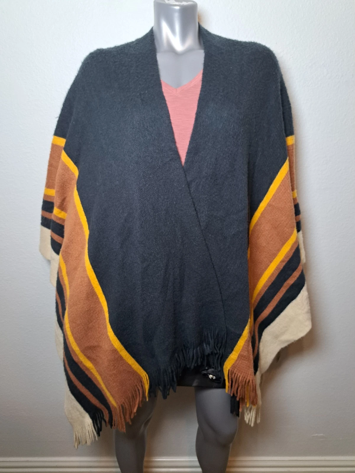 Women's Francesca's Pop Stripe Acrylic Knit Topper Poncho One Size