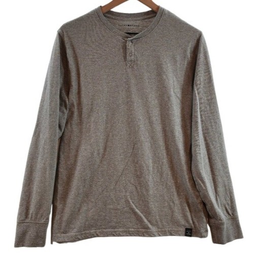 Lucky Brand Men's Three Snap Button Henley Long Sleeve Shirt Grey Stretch Preppy