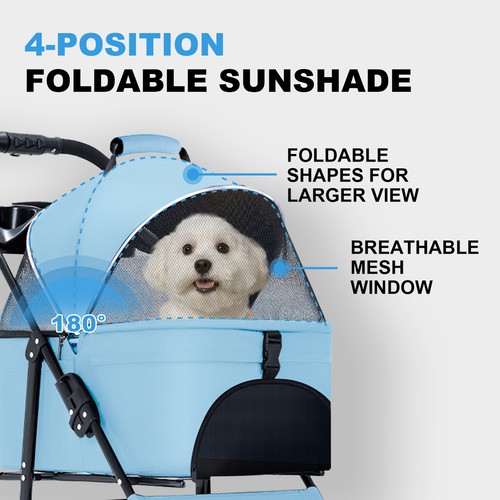 Foldable Pet Strollers 4 Wheels Carrier Cart w/Cup Holder for Cats & Dogs Blue - Picture 4 of 12