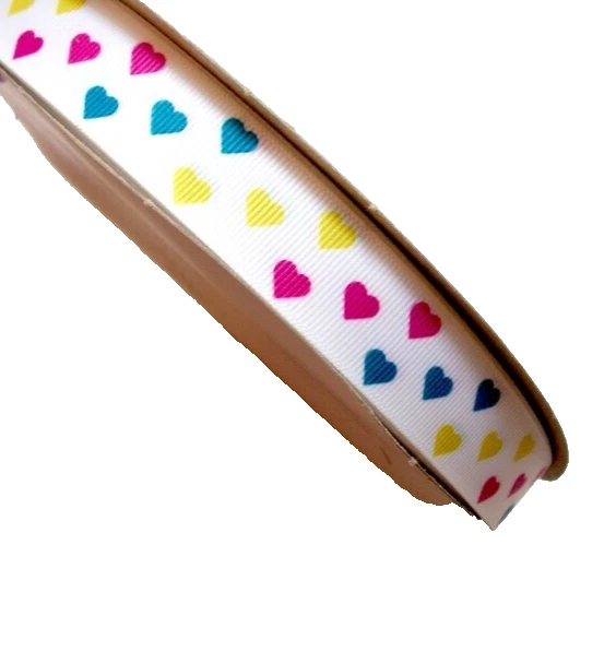 Cinta de grosgrain corazones blancos verde azulado rosa amarillo 7/8" x 10 yardas poliéster B52 Foto 3 de 4