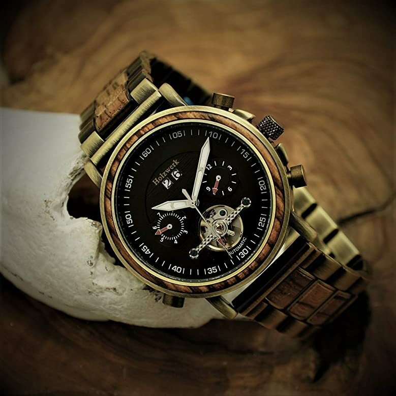 Holzwerk DAHLEN Herren Edelstahl Holz Automatik Datum Uhr in alt gold, schwarz